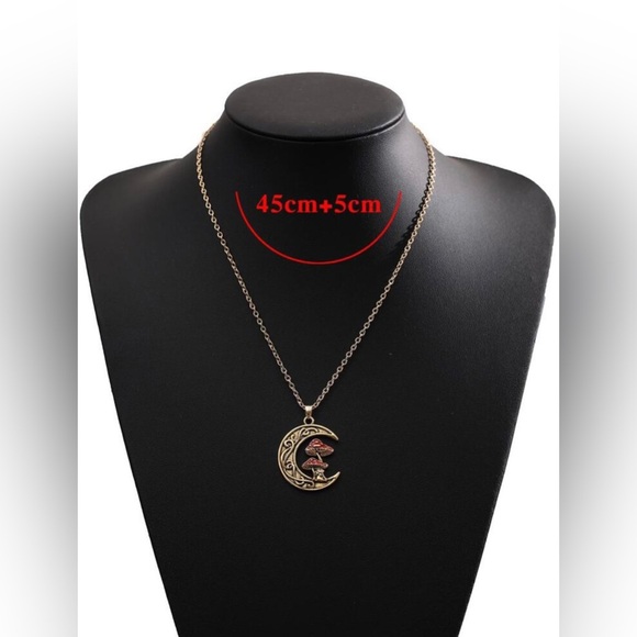 Boho Zinc Silver tinted Mushroom Crescent Moon Charm Necklace - Picture 4 of 4